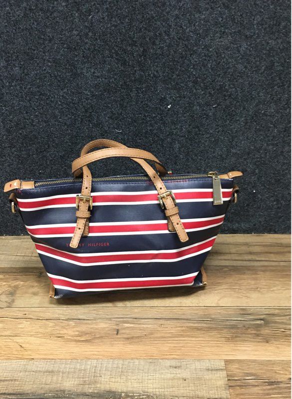 Tommy Hilfiger Navy Red White Striped Saffiano Satchel Handbag Gold Hardware