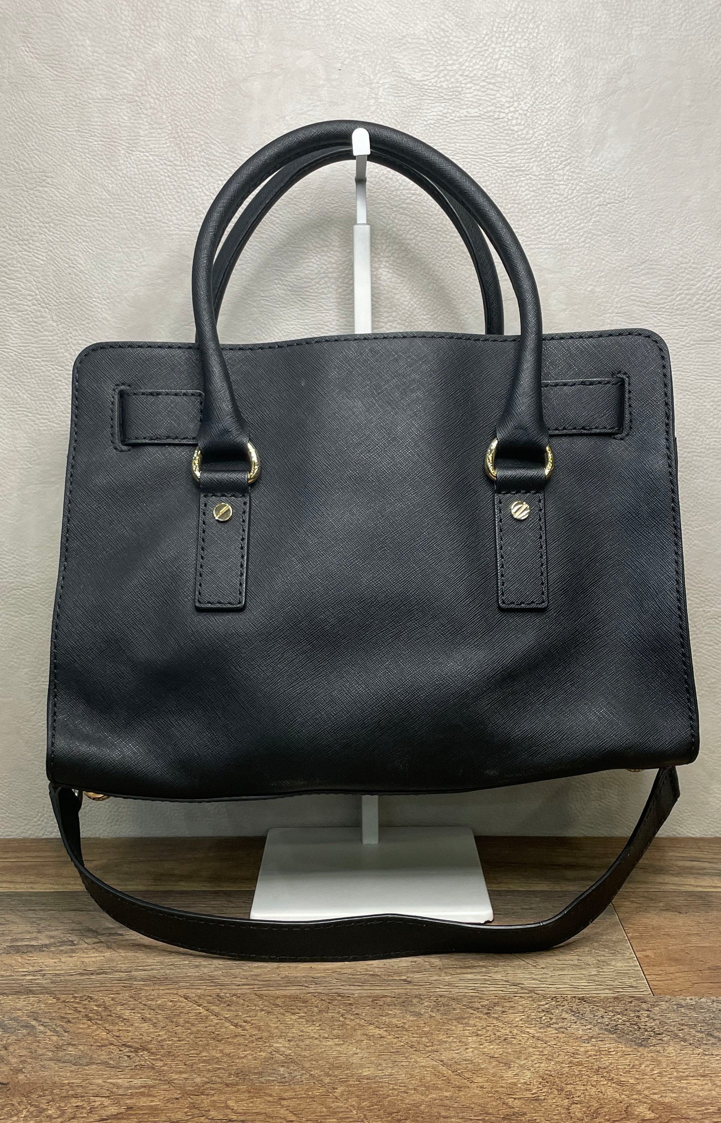 Michael Kors Black Saffiano Leather Hamilton Satchel Bag Gold Hardware