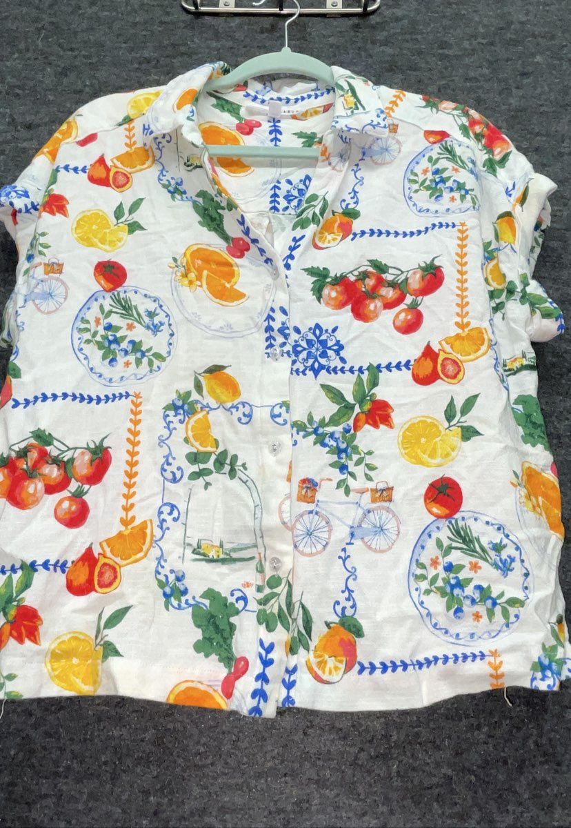 Jane + Delancey Women's Fruit Print Rayon Linen Button Down Blouse Sz L