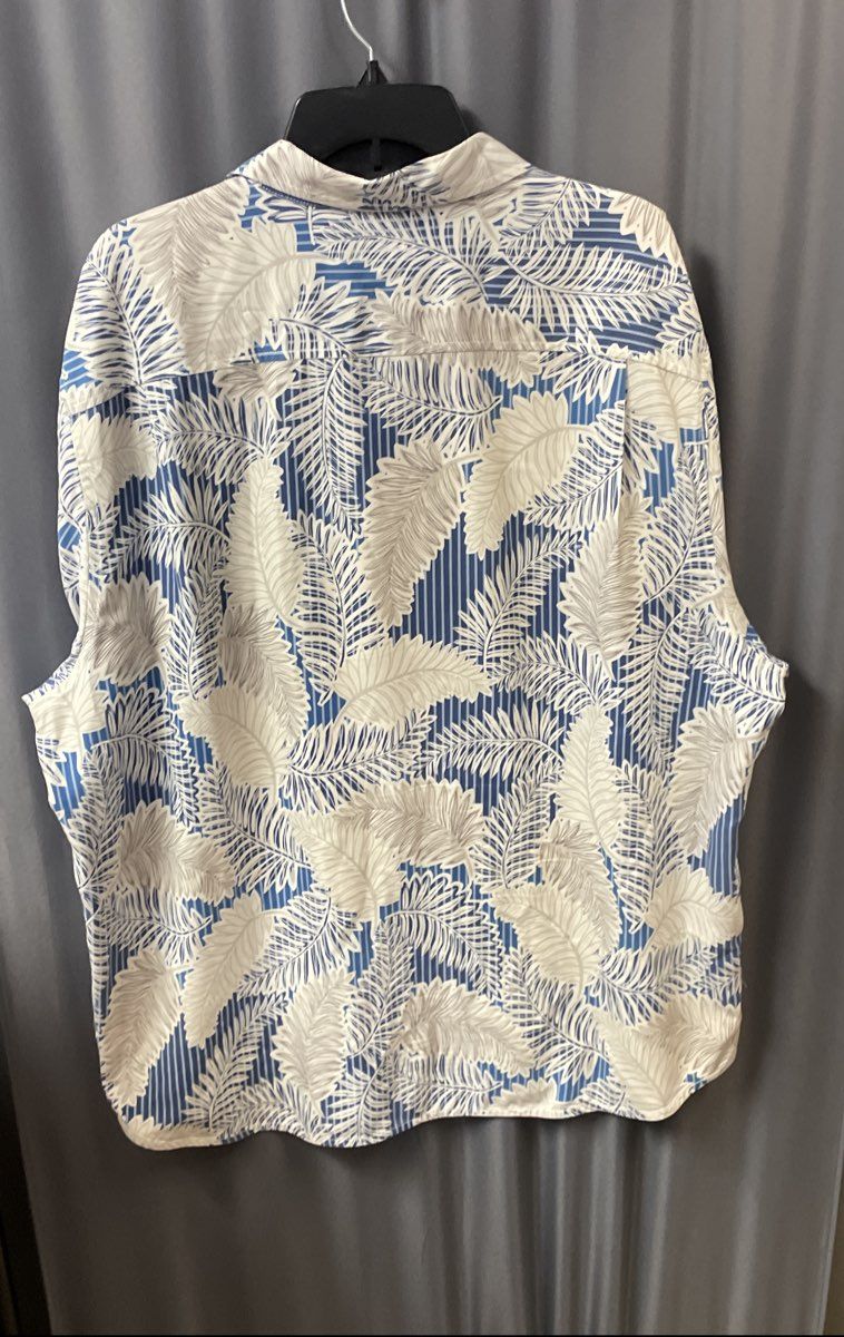 Tommy Bahama Men's Blue White Palm Leaf Striped Silk Blend Aloha Shirt Sz XXL