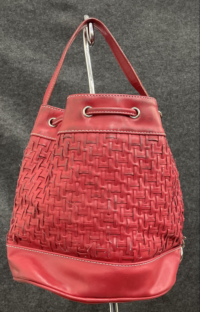 Tommy Hilfiger Red Woven Faux Leather Drawstring Bucket Bag Handbag