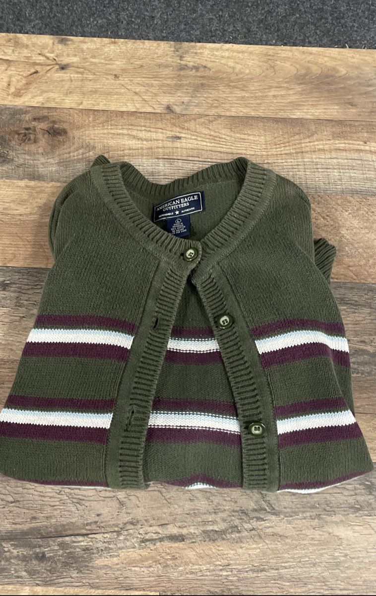American Eagle Women's Cardigan Sweater Green Striped Cotton Vintage Y2K Sz L