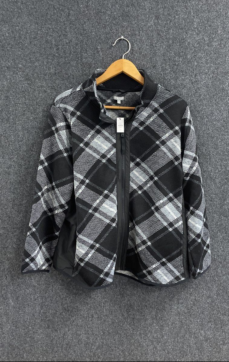 Talbots Women's Black Gray Plaid Full Zip Mock Neck Fleece Jacket NWT Plus 2X