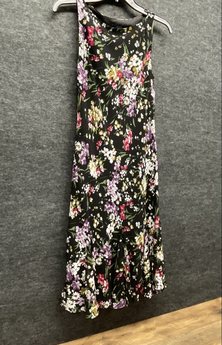 Chaps Women's Black Sleeveless Floral Print Midi Dress Tiered Flare Skirt Sz 6
