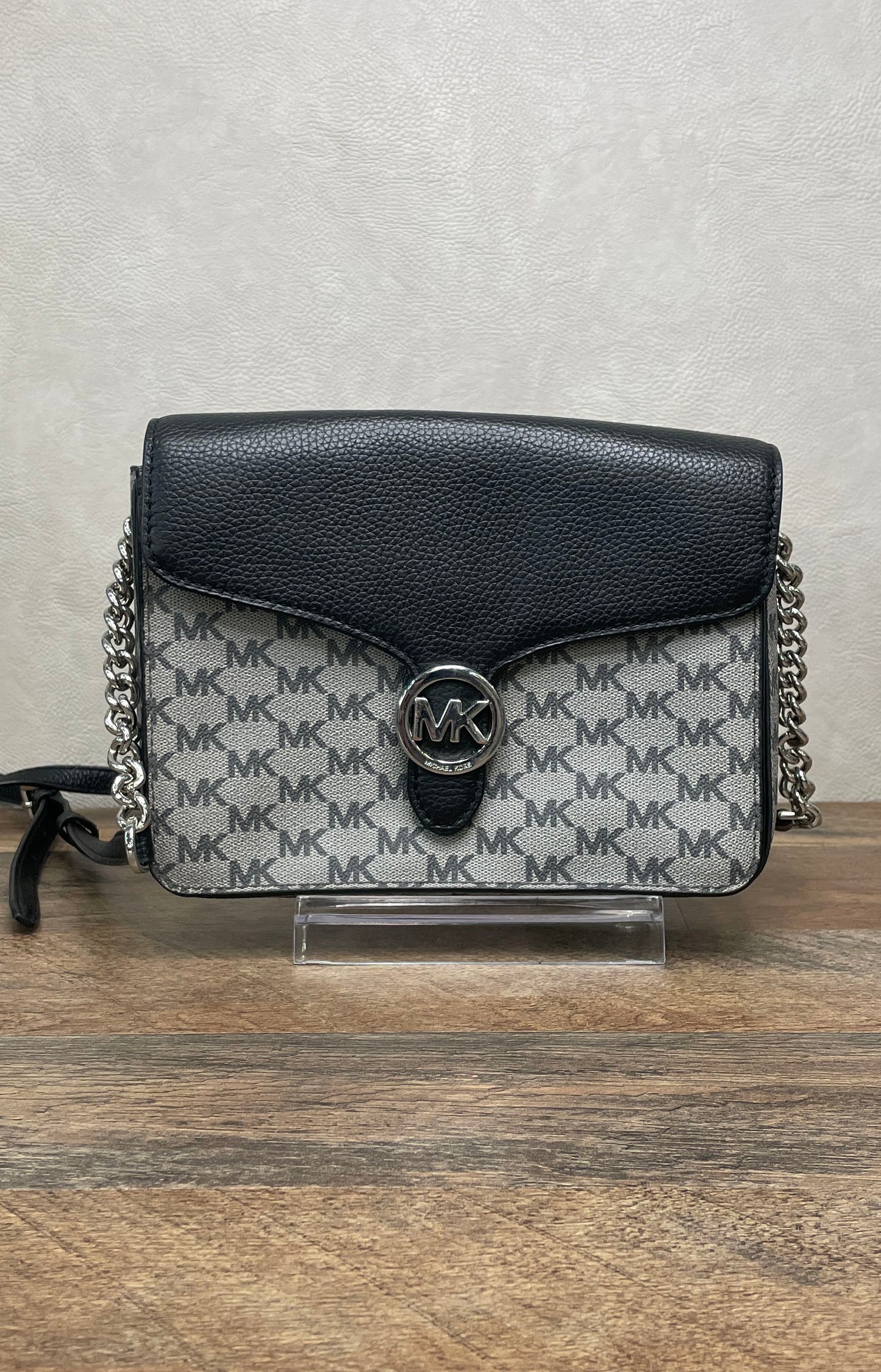 Michael Kors Grey Black Monogram MK Signature Crossbody Bag Silver Hardware