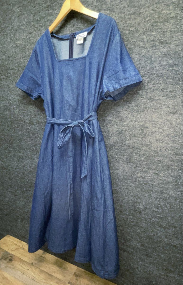 Anthony Richards Women's Blue Cotton Denim Dress Square Neck Belted Pockets 18