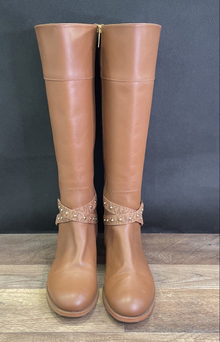 Michael Kors Brown Leather MK Monogram Studded Riding Boots Women's Size 9M