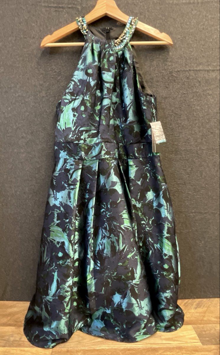 SLNY Women's Teal Blue Metallic Floral Embellished Halter Neck Dress NWT Sz 10