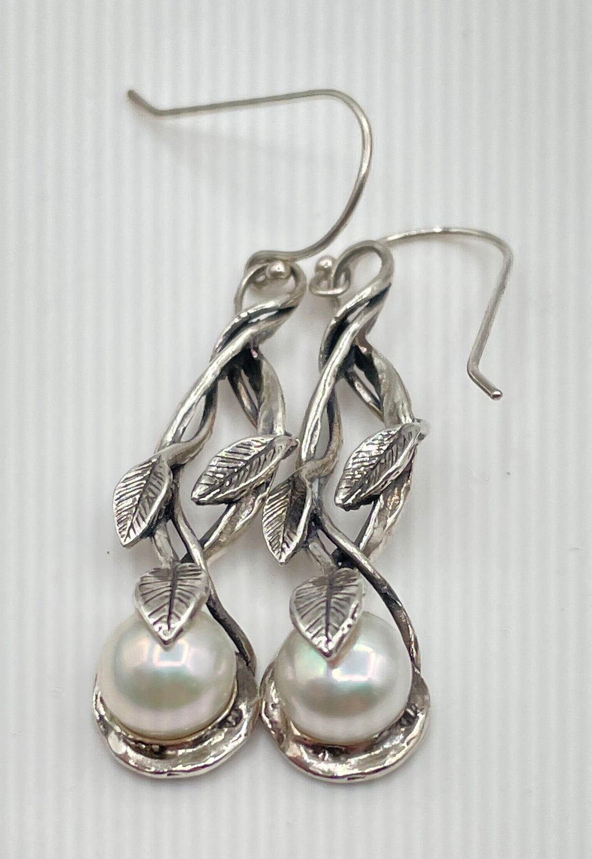 925 Sterling Silver Faux Pearl Twisted Vine Drop Earrings 7.2g