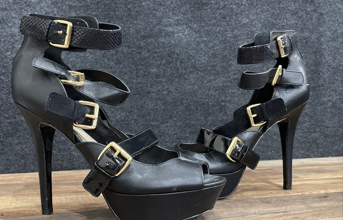 Guess Black Multi Strap Buckle Platform Peep Toe Stiletto Heels Size 10