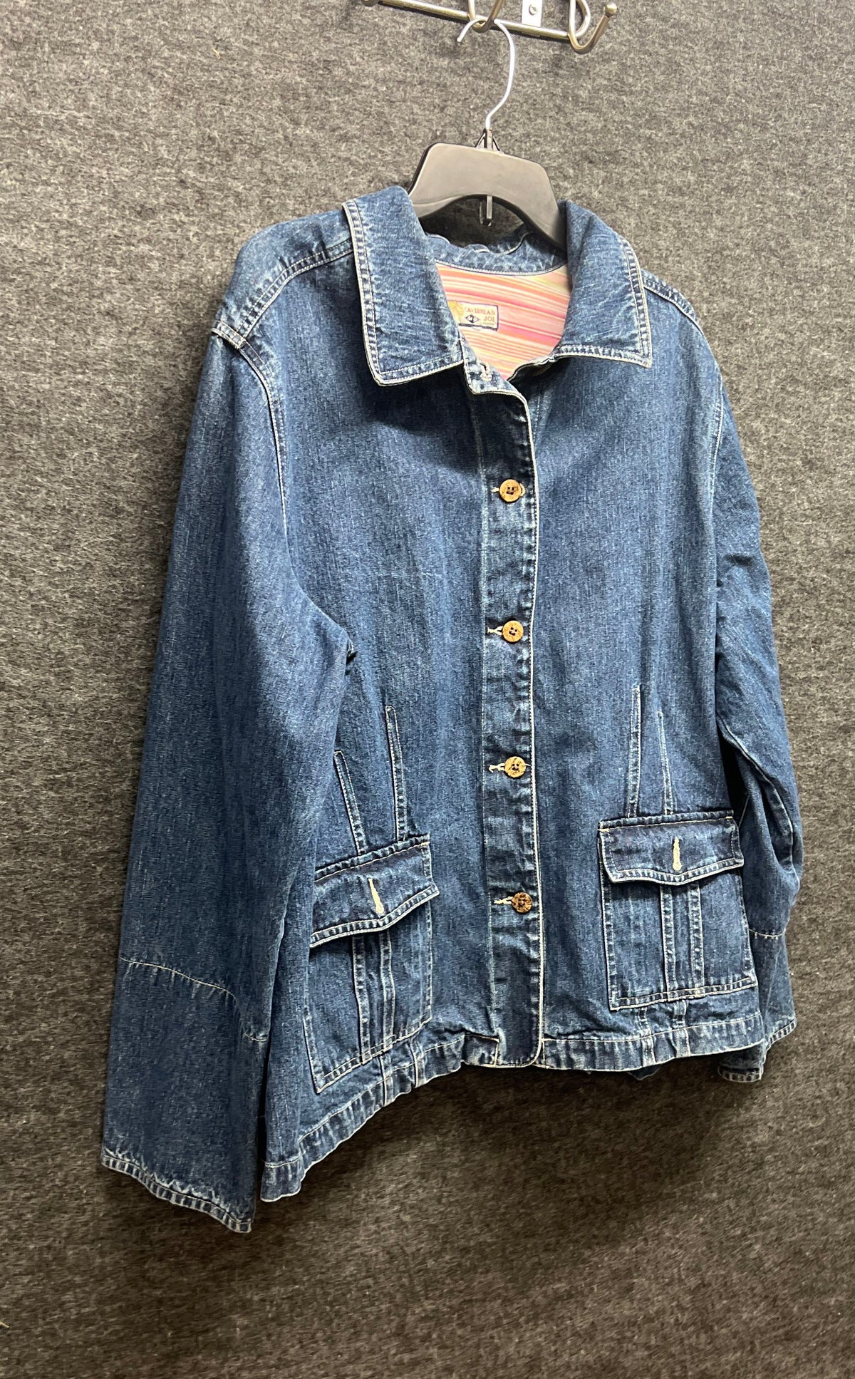 Caribbean Joe Women's Blue Denim Jacket Button Front Striped Trim Pockets