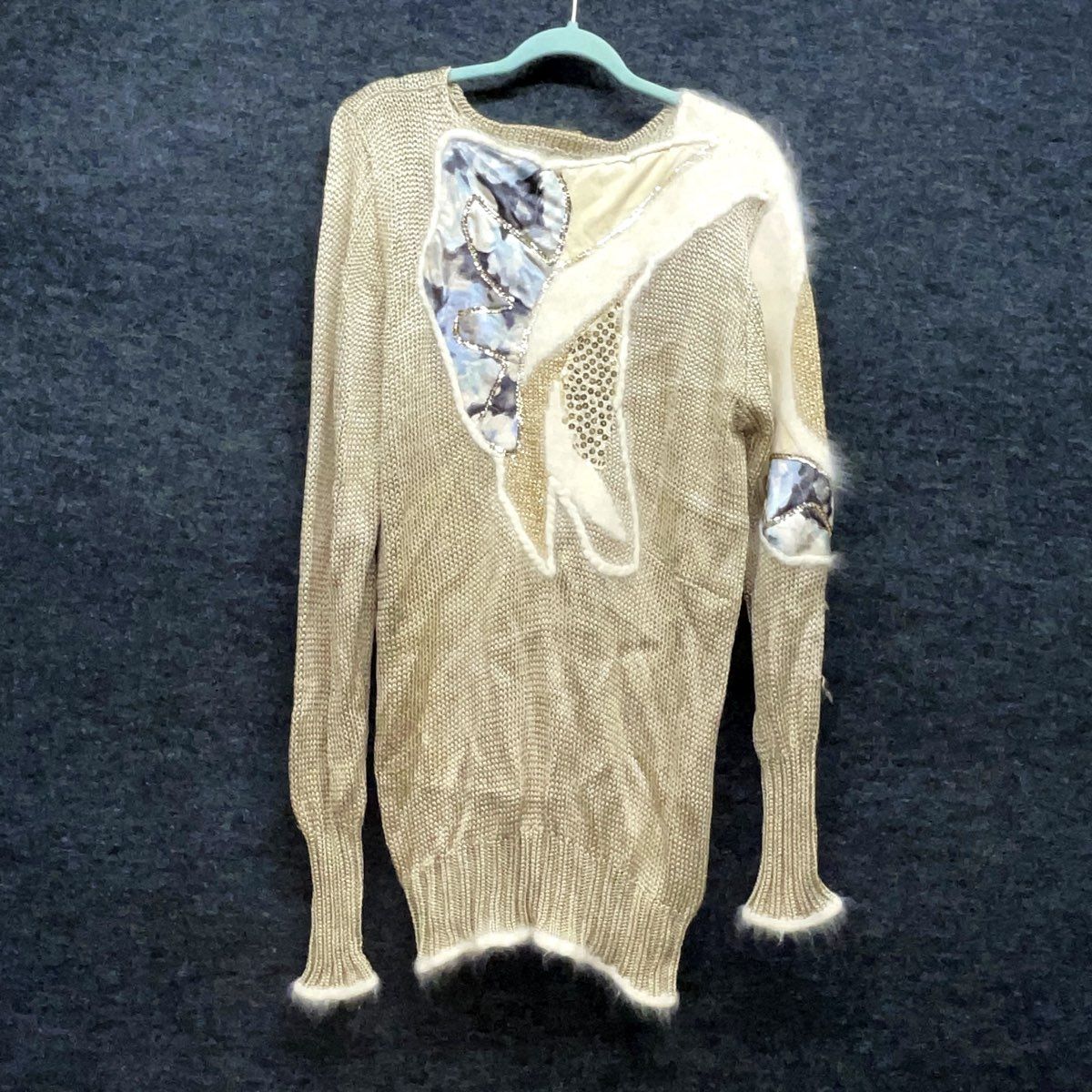 Vintage 80s Angora Blend Sequin Applique Metallic Gold Knit Sweater Sz L/XL