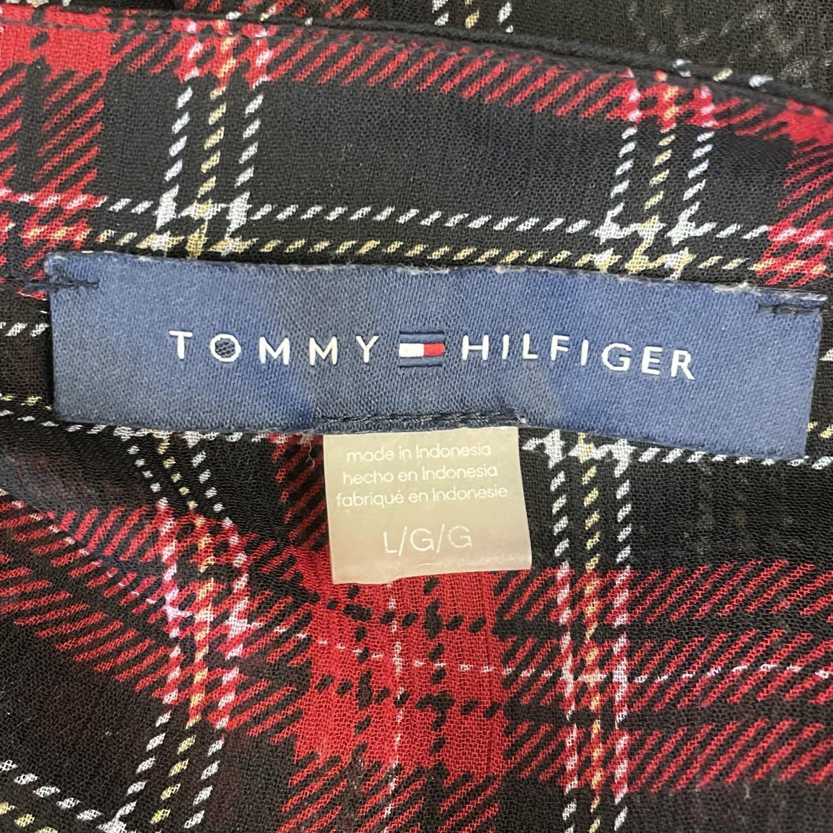 Tommy Hilfiger Women's Red Black Plaid Ruffle Tie Neck Semi Sheer Blouse Sz L