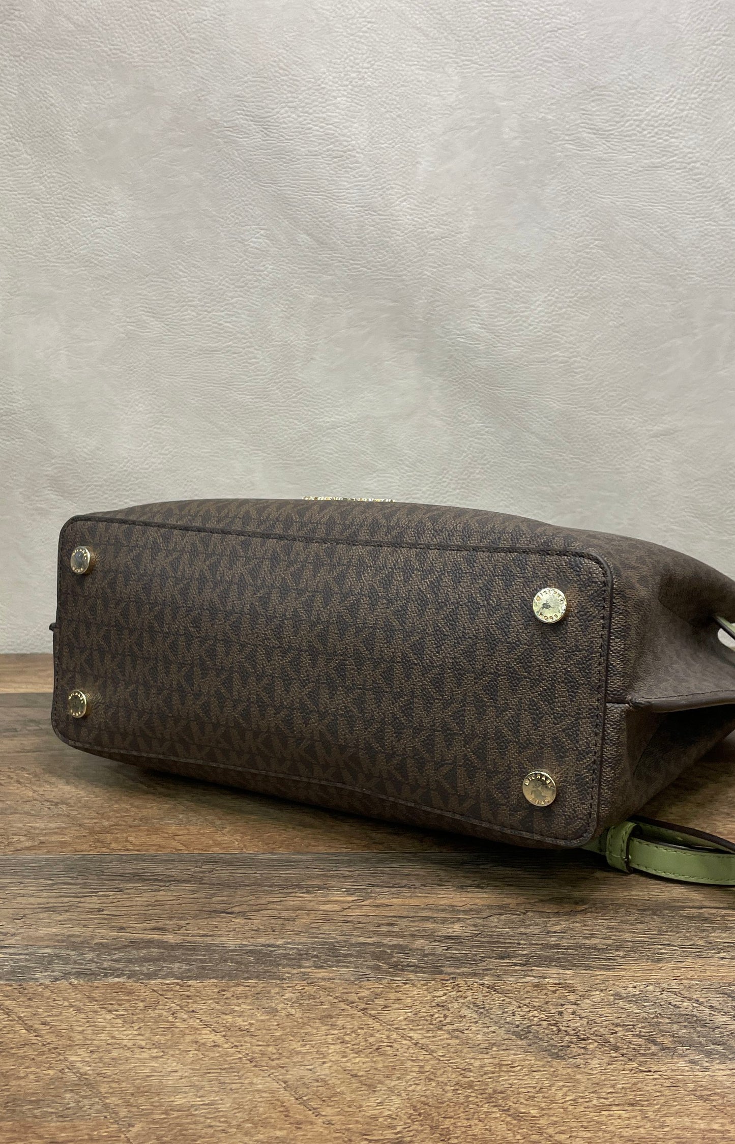 Michael Kors Brown Green Signature Canvas Emory Satchel Handbag Crossbody