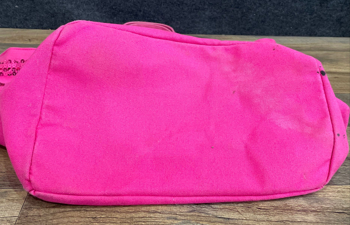 Victoria's Secret Pink Canvas Sequin Stripe Tote Bag Large Silver Hardware