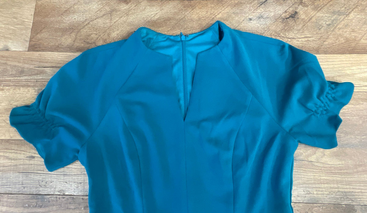 Maggy London Petite Women's Teal Short Puff Sleeve V-Neck Sheath Dress Sz 6P