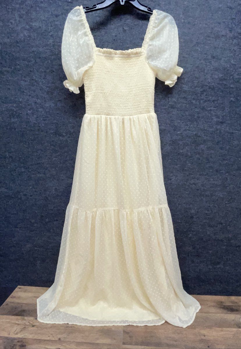 Patrons of Peace Women's Yellow Swiss Dot Smocked Puff Sleeve Maxi Dress Sz S