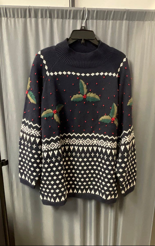 Dressbarn Women's Navy Fair Isle Holly Berry Mock Neck Christmas Sweater 22/24