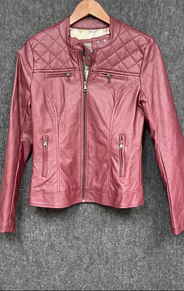 Cavalini Women's Faux Leather Moto Jacket Maroon Quilted Full Zip Size M