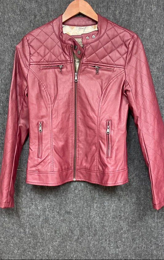 Cavalini Women's Faux Leather Moto Jacket Maroon Quilted Full Zip Size M