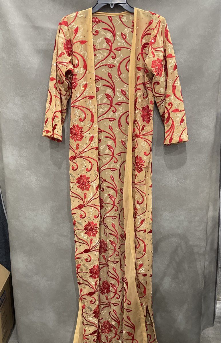 Women's Beige Red Gold Floral Embroidered Mirror Sequin Open Front Long Tunic