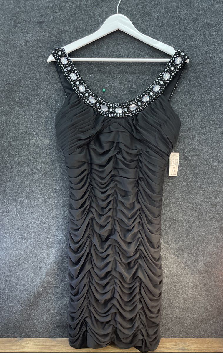Dressbarn Women's Black Ruched Beaded Neckline Mini Dress Sz 10 NWT