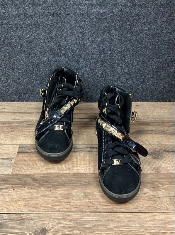 Michael Kors Studded Strap Side Zip Black Gold High Top Sneakers Size 9M