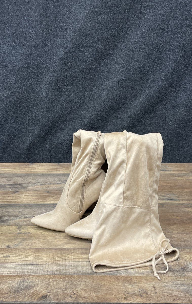 Beige Faux Suede Slouchy Thigh-High Pointed Toe Stiletto Boots Women's Size 8
