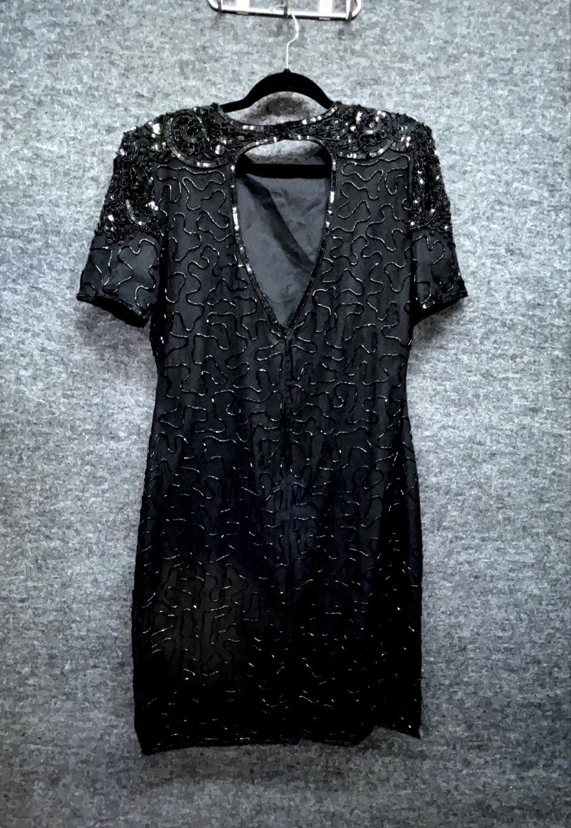 Vintage 90s Women's Black Beaded Sequined Cocktail Dress Keyhole Back