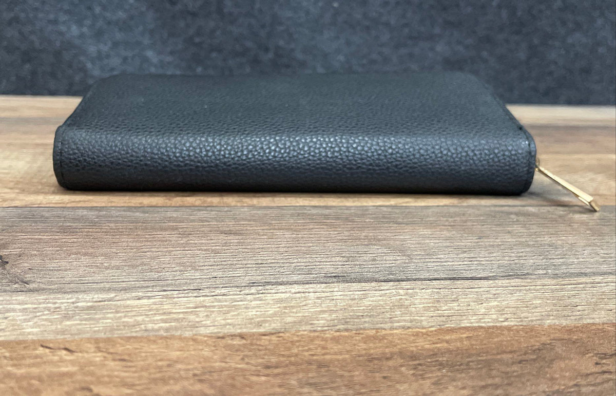 Black Pebbled Leather Zip Around Wallet Gold Lock Charm Clutch Purse 10x13"
