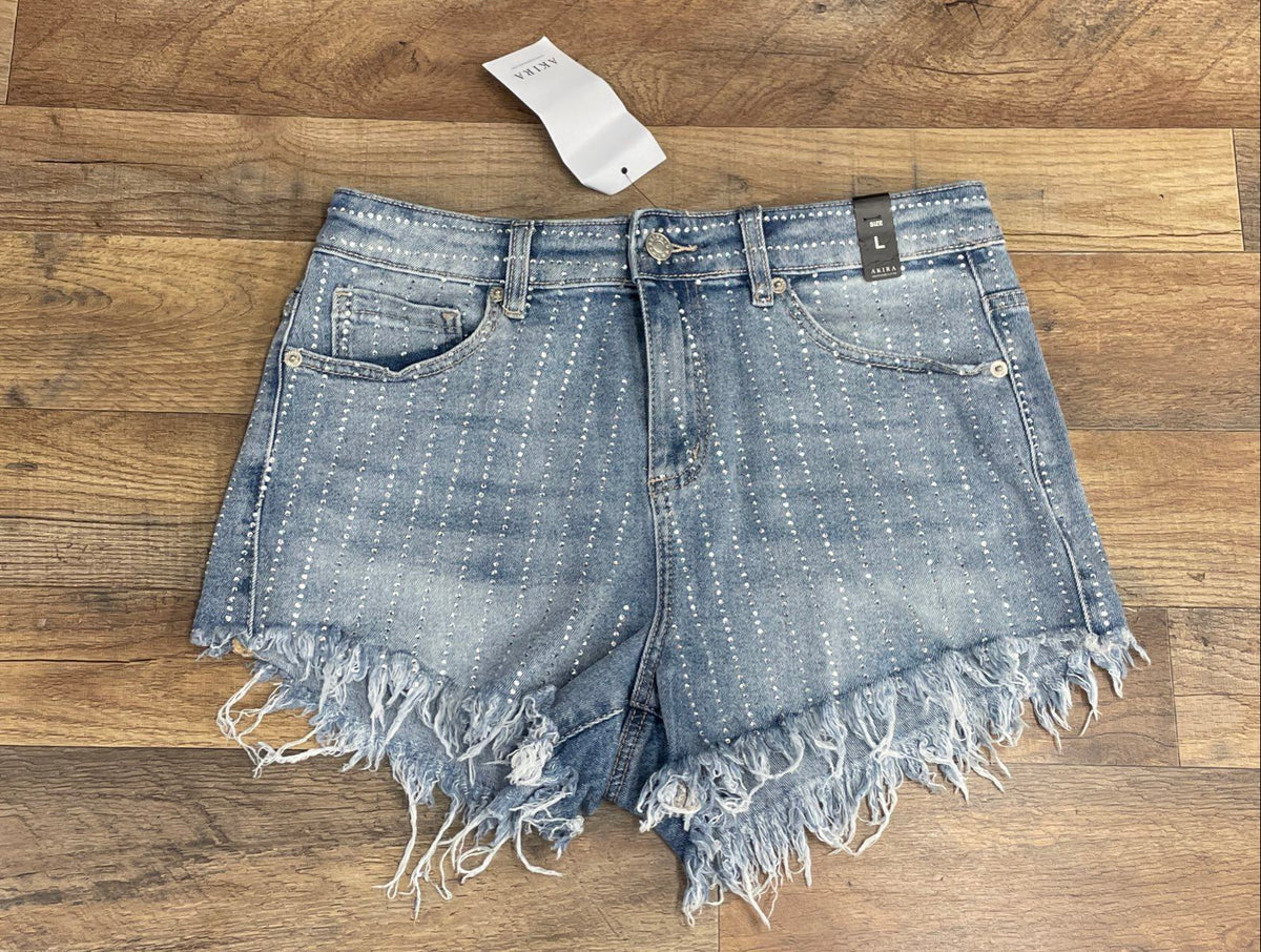 Akira Women's Medium Blue Rhinestone Frayed Denim Shorts Sz L NWT