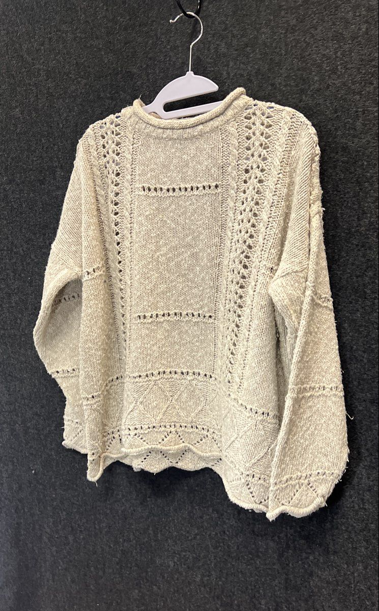 Tivoli Women's Vintage 90s Beige Pointelle Cable Knit Scalloped Sweater Sz M