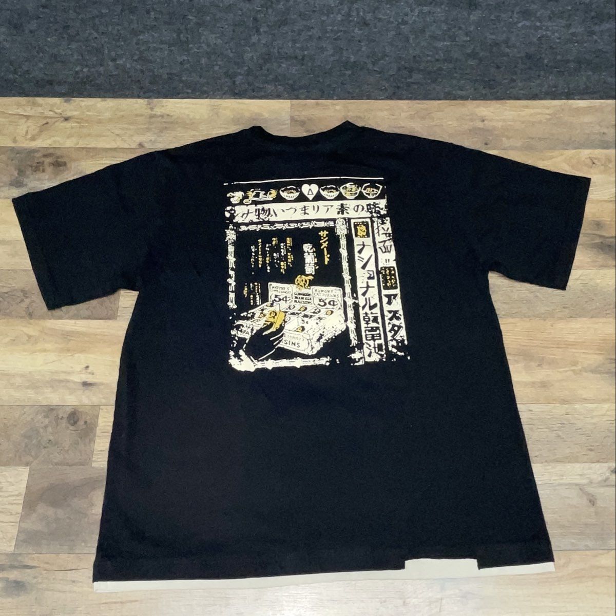 Aelfric Eden Japanese Retro Graphic Double Layer Hem T-Shirt Black Sz L