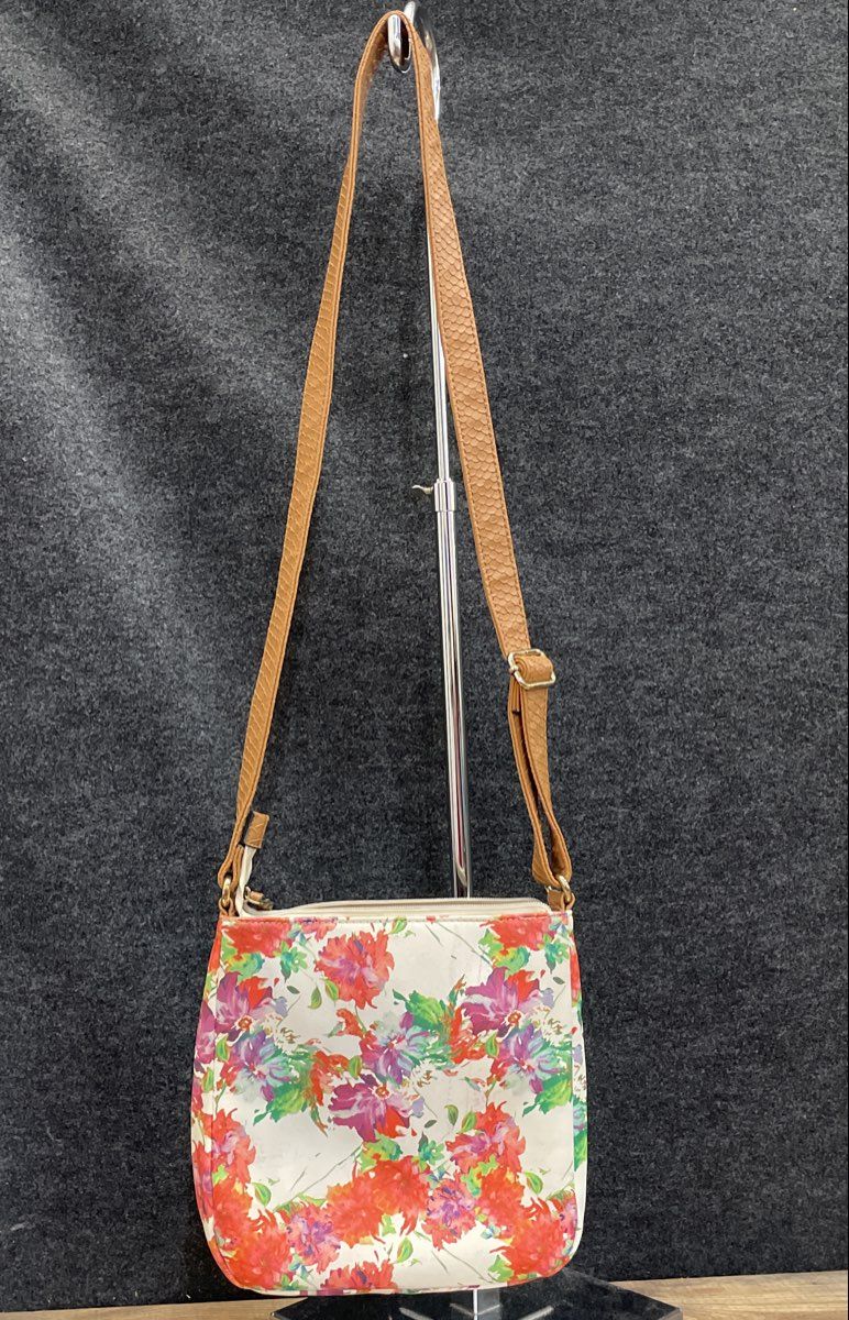Apt. 9 White Multi Floral Leather Crossbody Bag Tan Trim Gold Tone
