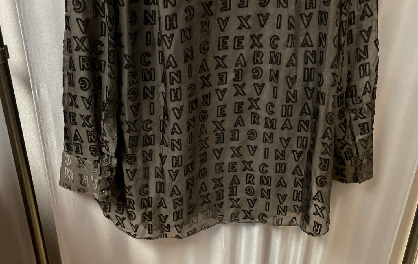 Armani Exchange Women's Black Sheer Logo Flocked Devore Button Up Shirt Sz L