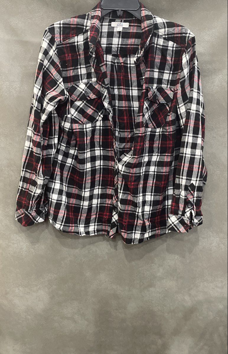 Croft & Barrow Women's Red Black Plaid Metallic Lurex Button Up Shirt Sz XL