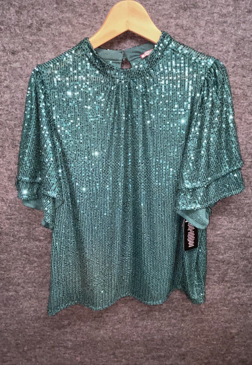 Joe Browns Women's Green Sequin Mock Neck Blouse Tiered Ruffle Sleeve Sz M NWT