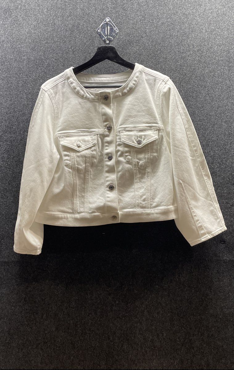 LOFT Women's White Denim Jacket Collarless Button Front Cropped NWT Sz M