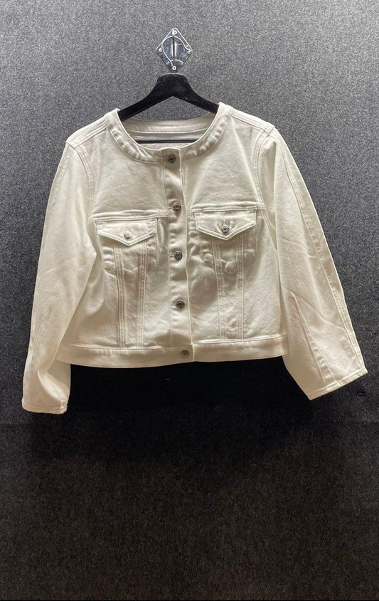 LOFT Women's White Denim Jacket Collarless Button Front Cropped NWT Sz M