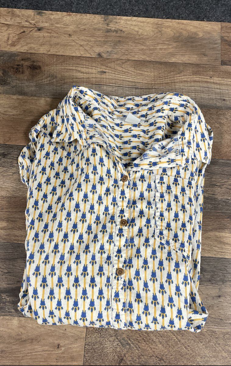 Duluth Trading Co Women's Long Sleeve Button Down Shirt Yellow Geometric Sz XXL