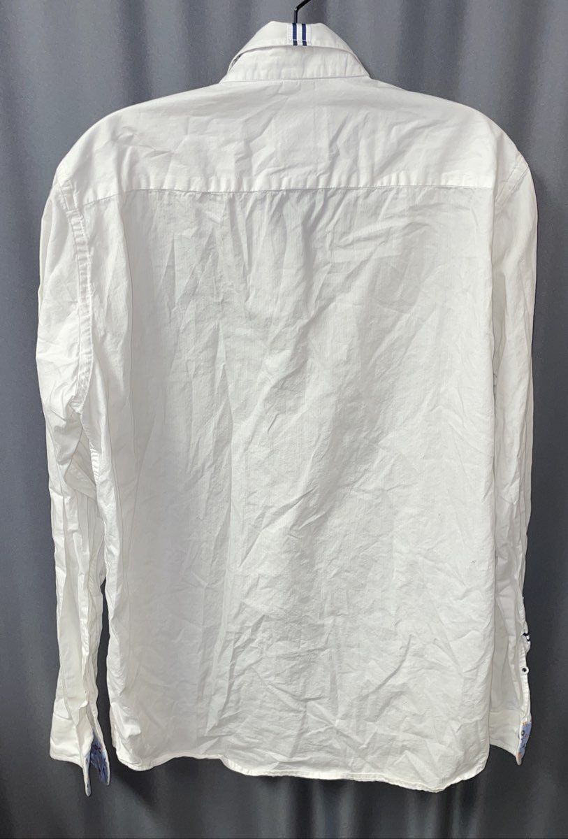 Dario Beltran Men's White Long Sleeve Button Up Shirt Navy Striped Shoulder Sz L