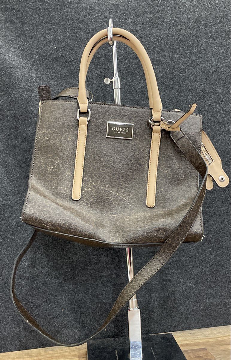 Guess Brown Leather Monogram Satchel Handbag Crossbody Bag Tan Trim
