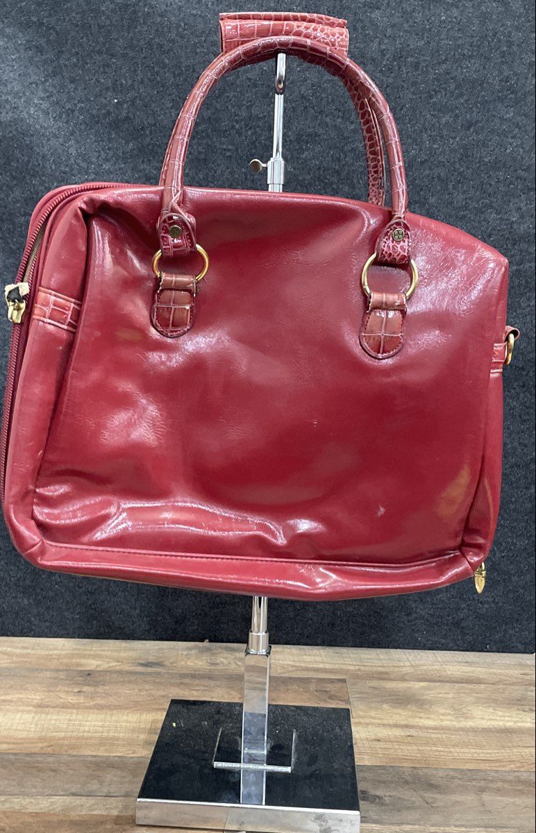 IMAN Red Faux Croc Trim Briefcase Laptop Bag 19" Gold Hardware