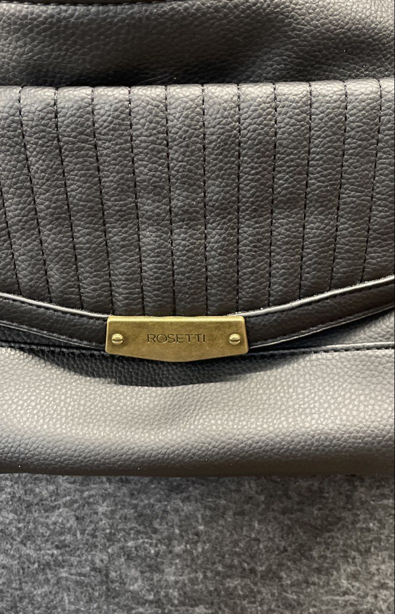 Rosetti Black Faux Leather Pleated Front Flap Crossbody Bag Bronze Hardware