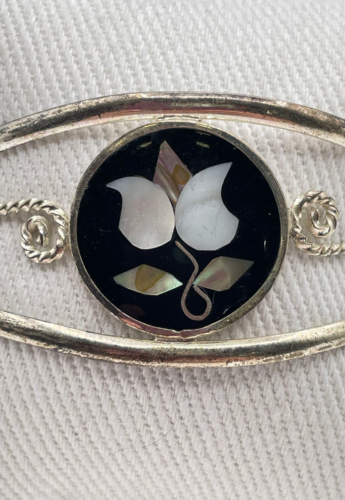 Alpaca Silver Abalone MOP Inlay Black Onyx Cuff Bracelet Mexico Marked 12.7g