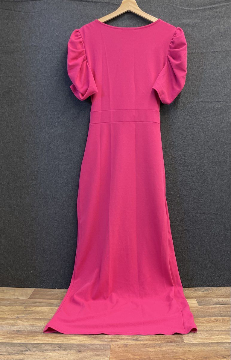 Quiz Women's Pink Scuba Crepe Puff Sleeve Wrap Front Maxi Dress Sz 12 NWT