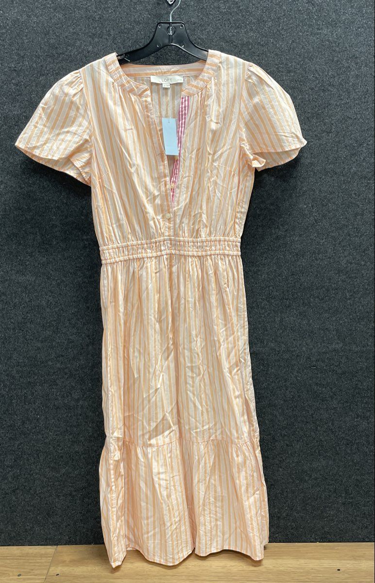 LOFT Women's Striped Tiered Midi Dress Peach White Short Sleeve NWT Sz SP