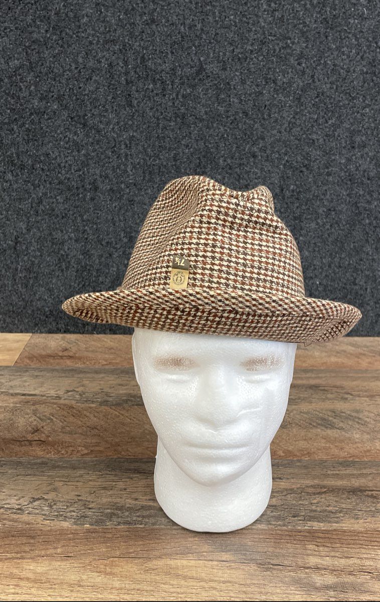 Vintage 70s Champ Men's Brown Houndstooth Fedora Hat Feather Sz 7 1/4
