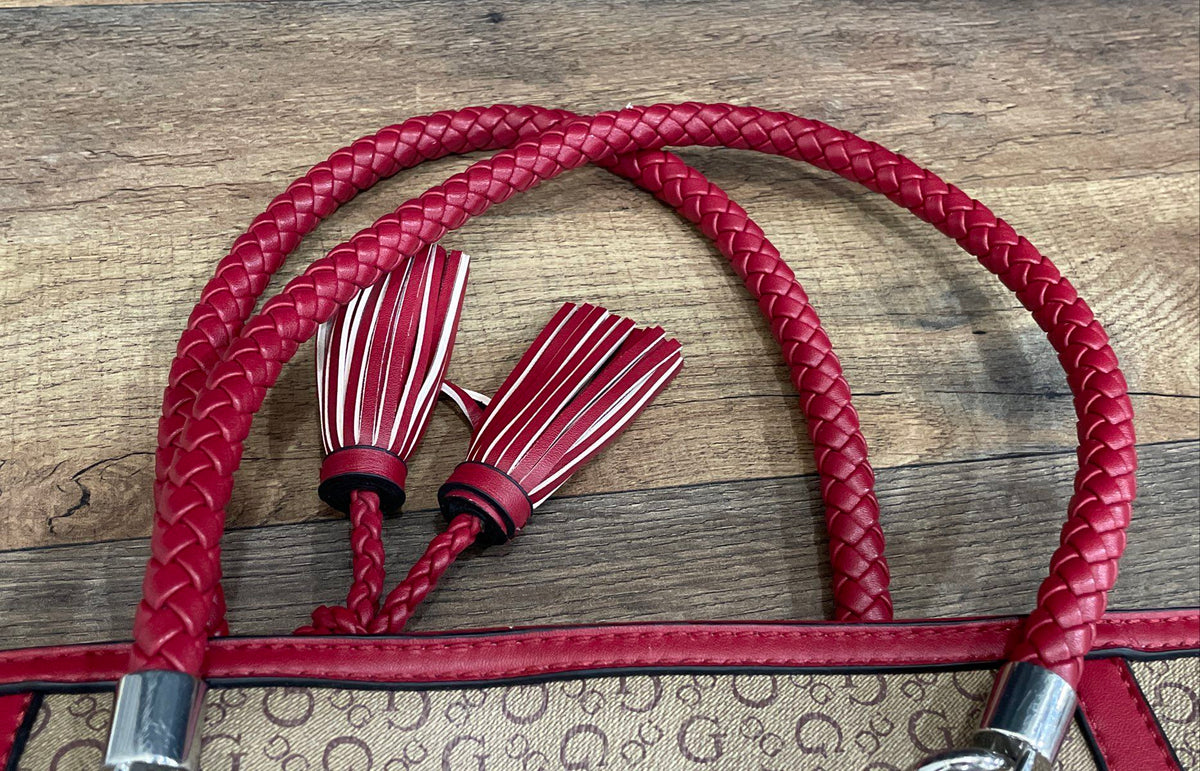 Guess 1981 Brown Red Leather Monogram Tote Bag Braided Handles Tassel Large