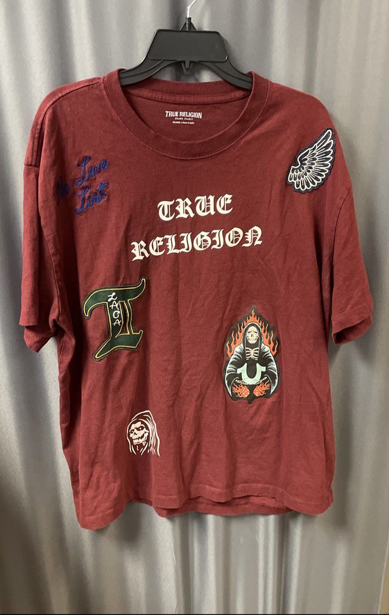 True Religion Men's Maroon Multi Graphic Patch World Tour T Shirt Sz 3XL